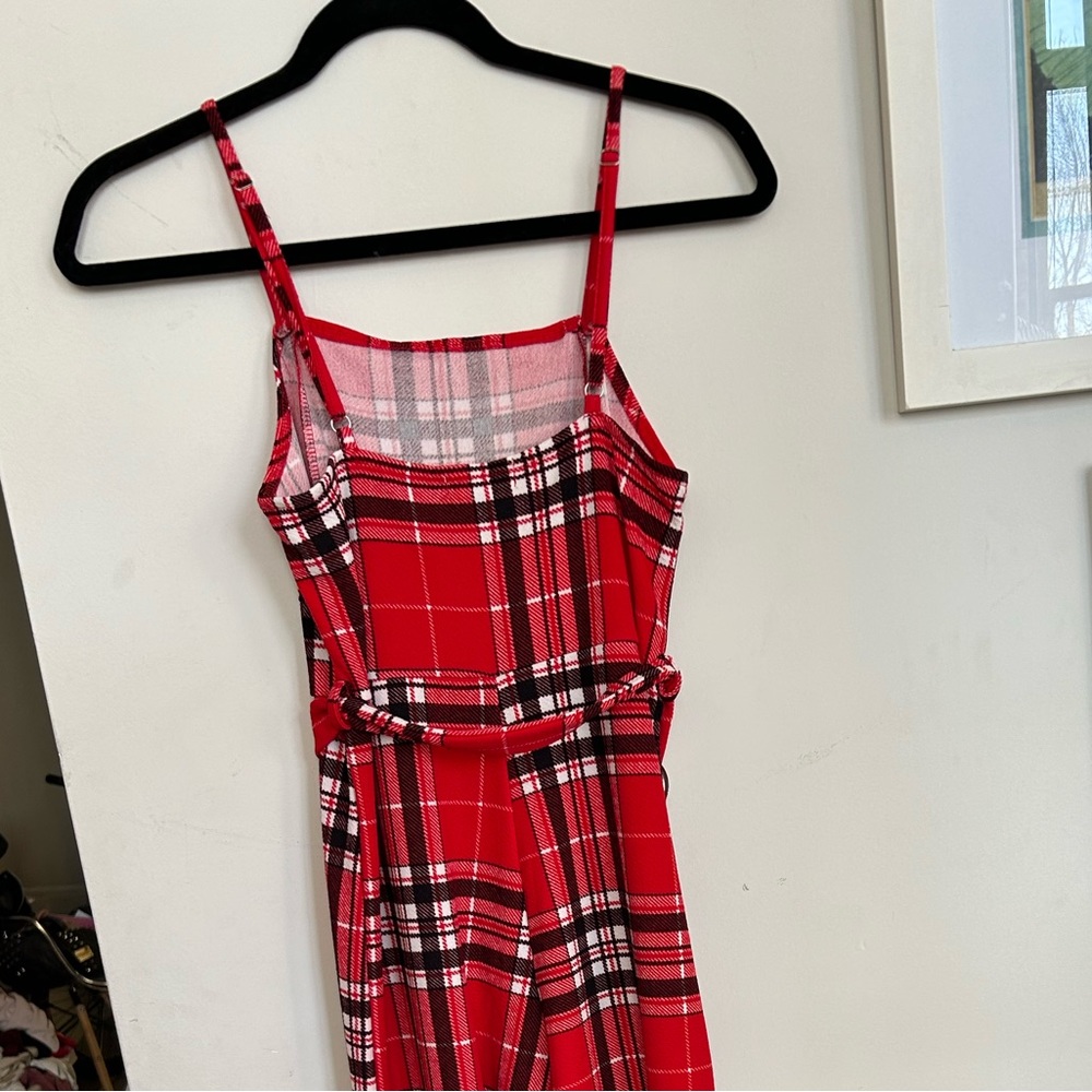 Punk 90s Grunge belted red plaid jumpsuit spaghetti straps stretchy material - Picture 4 of 8